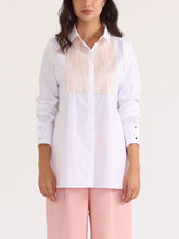 Tuxedo Shirt with Fine-Striped Pink & Silver Metallic Bib
