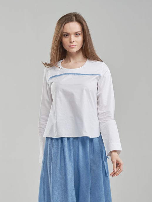 Crisp Cotton Top with Raw Blue Element and Back Gathering