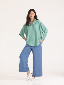 Sea Green Cowl Top with Gold Buttons