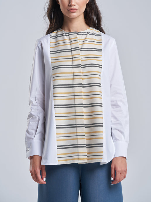 White Cotton Shirt with Stripes & Hidden Buttons