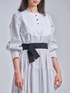 Striped White & Black Tiered Dress with Gold Buttons