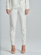 Gold Button Stretch Slim Trousers in Off-White
