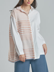 Classic Cotton Silk Shirt with Coral Stripes