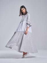 Soft Grey Embroidered Bias Dress with White Contrast