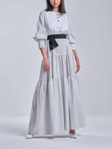 Striped White & Black Tiered Dress with Gold Buttons