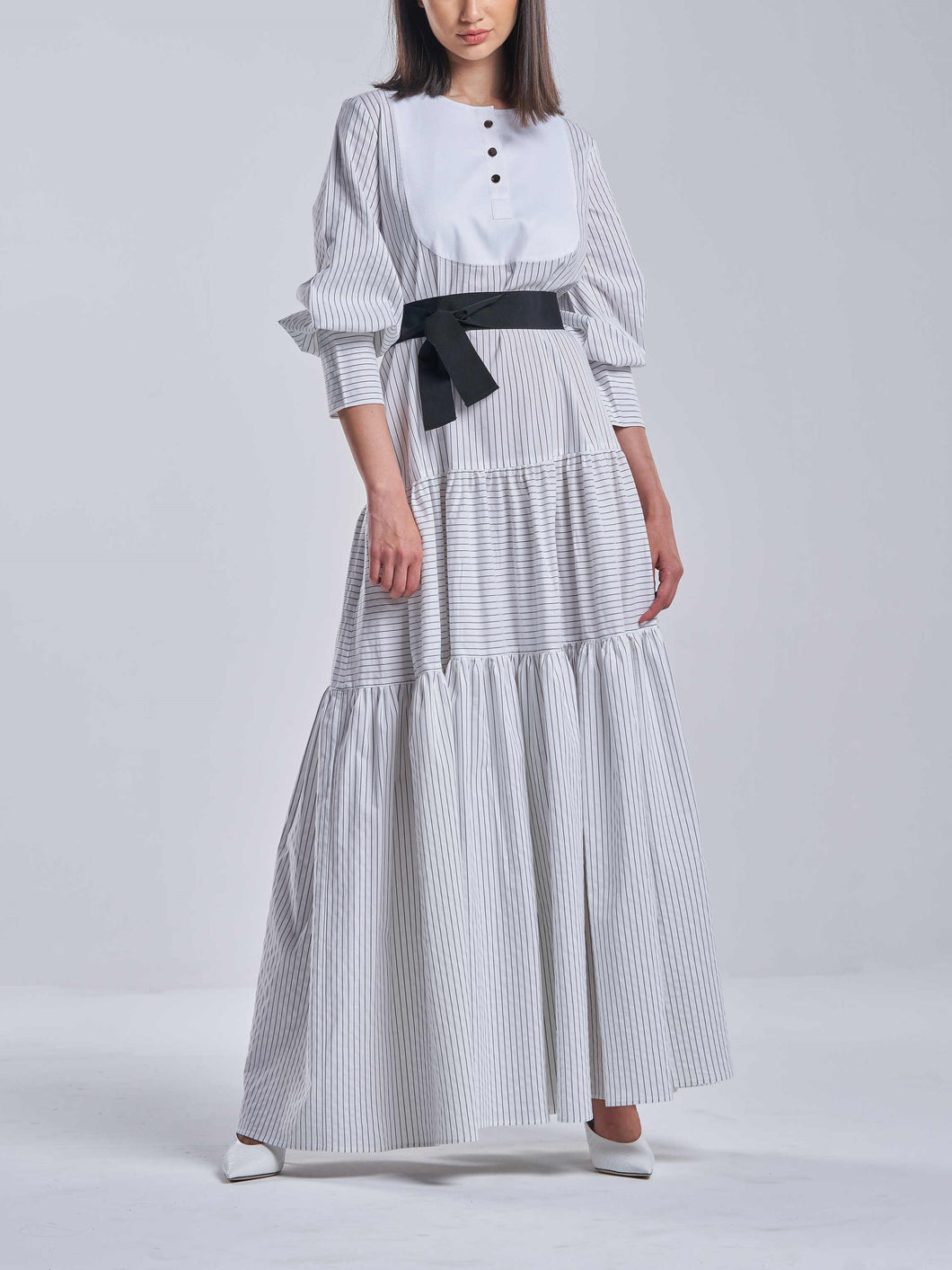 Striped White & Black Tiered Dress with Gold Buttons