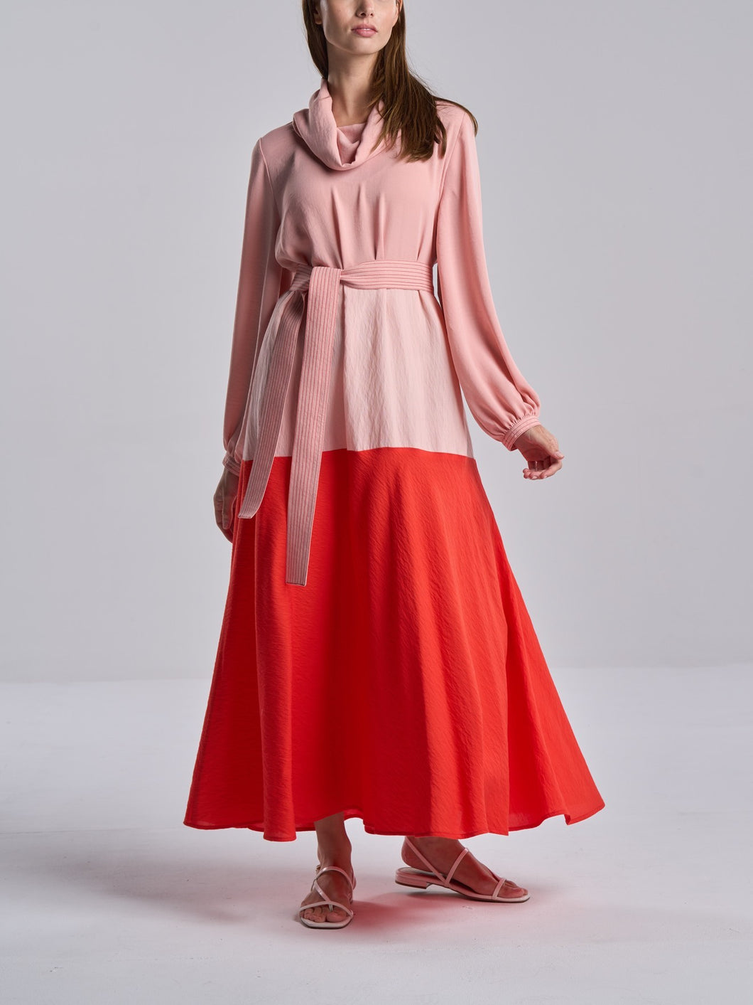 Tiered Pink and Red Dress with Belt